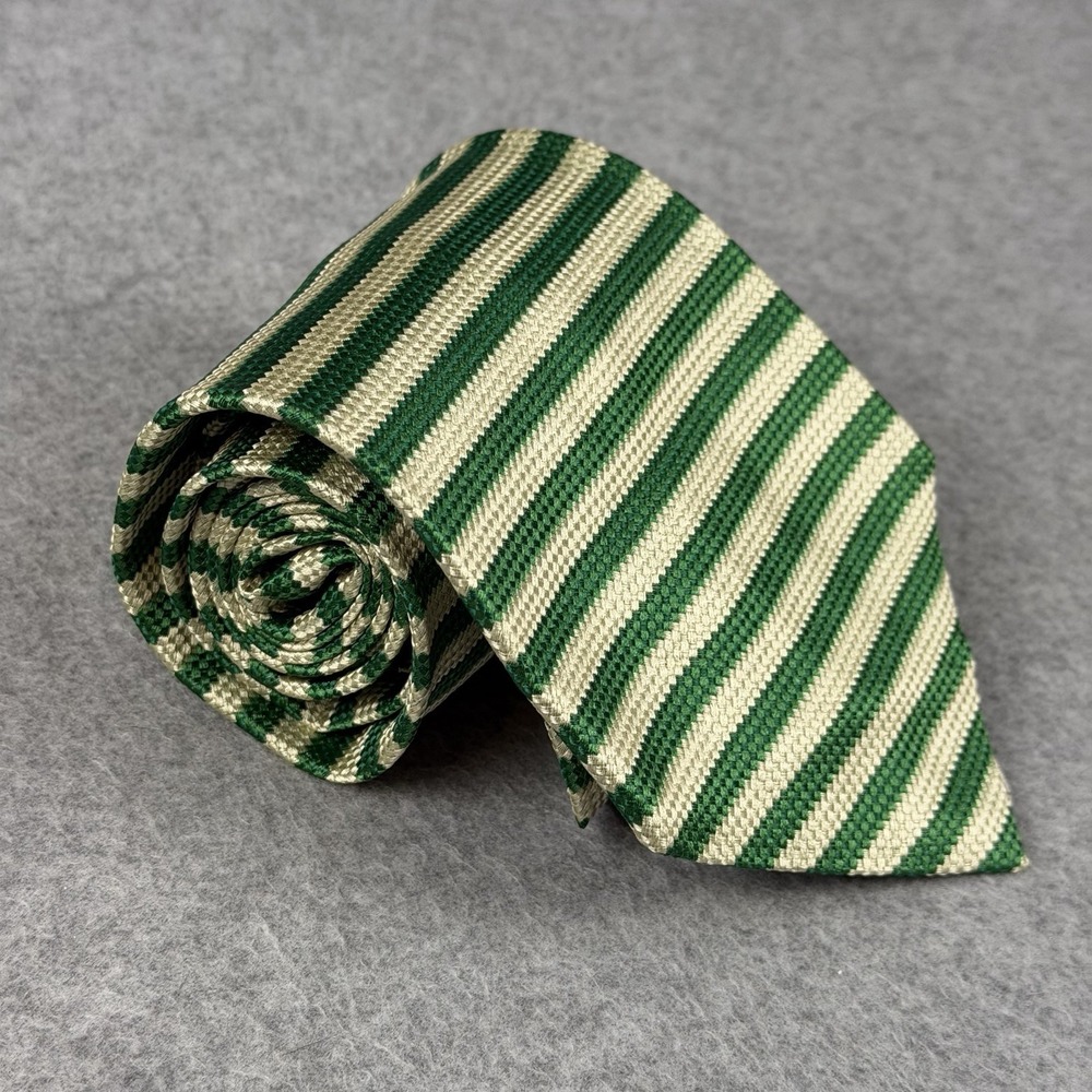 Vintage Garrick Anderson Silk Tie Green Ivory Stripe USA Wide Necktie 58 X 4"